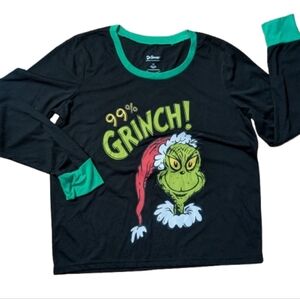 DR. SEUSS GRINCH T-Shirt Lounge Top SIZE L Black Long Sleeves Green Trim